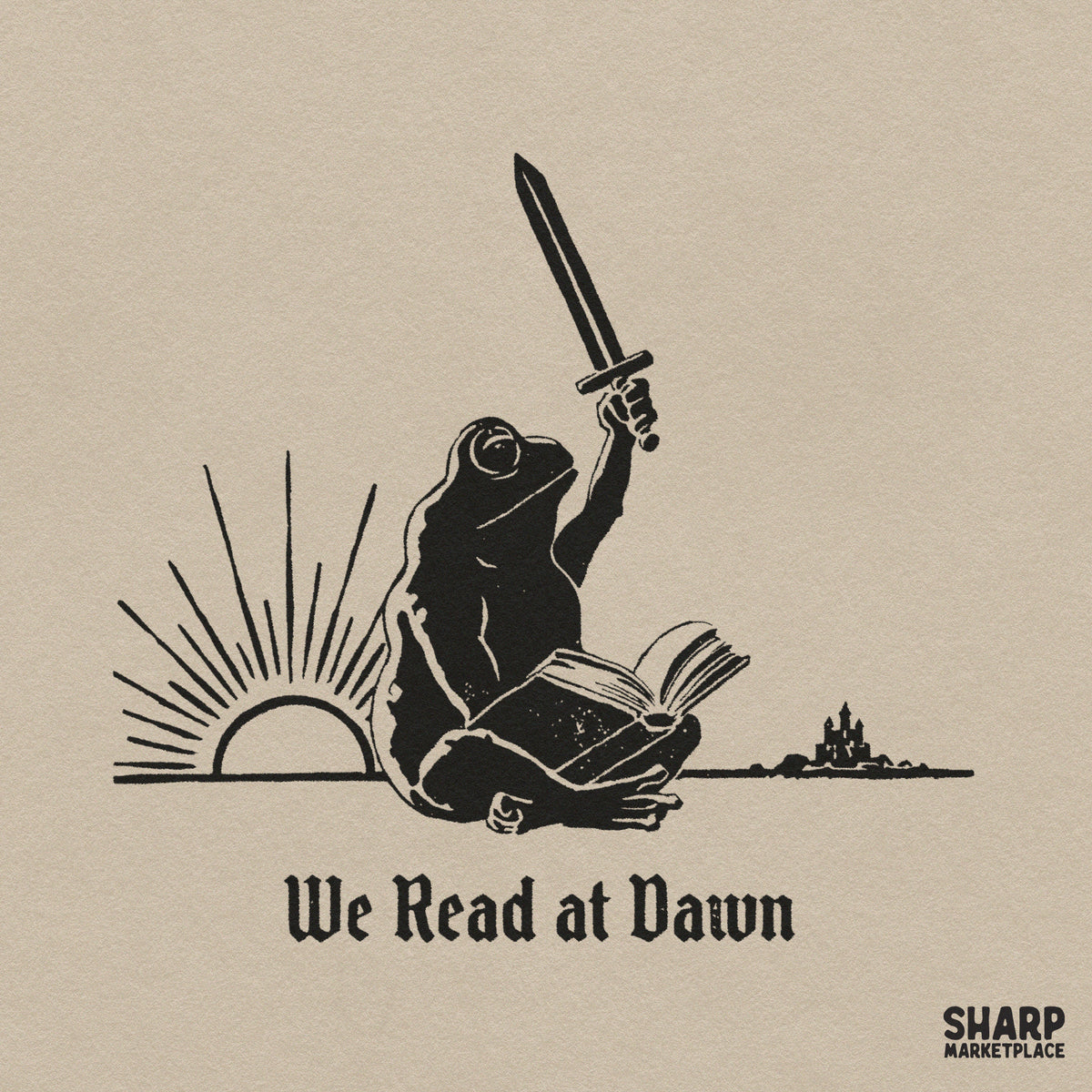 We Read At Dawn fantasy sword frog design for a bookish reader shirt and aesthetic sublimation PNG project