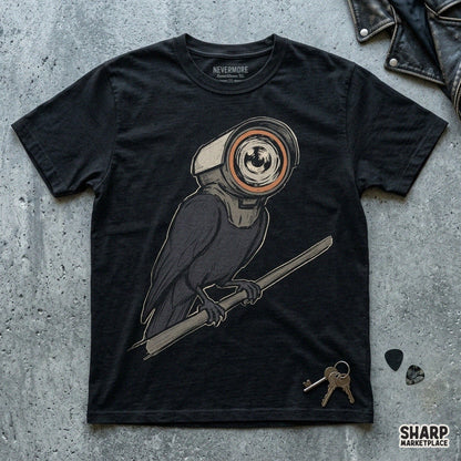 Black crow with a security camera head in a sarcastic dystopian conspiracy design for funny shirt PNG prints