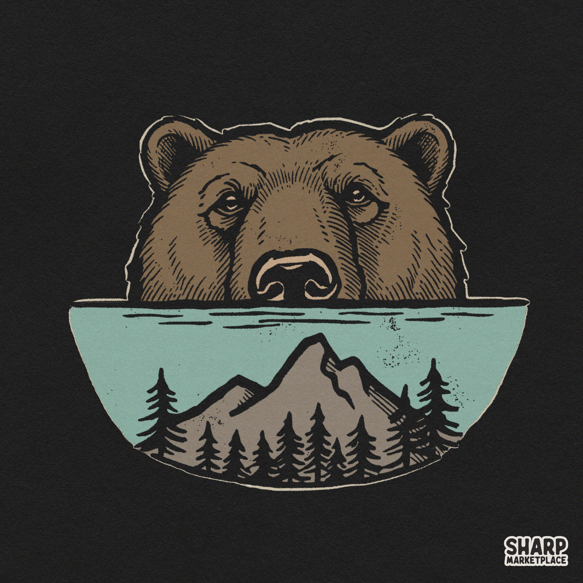 Majestic bear face with mountain forest and circle lake graphic design for nature lovers sublimation t-shirts