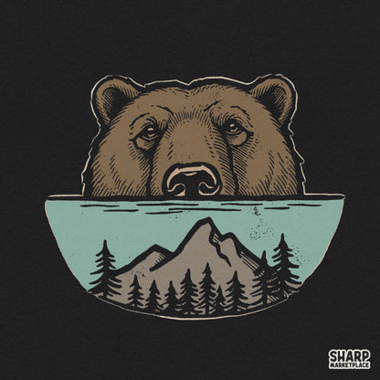 Majestic bear face with mountain forest and circle lake graphic design for nature lovers sublimation t-shirts