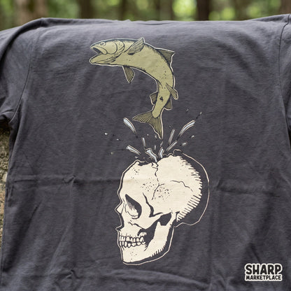 Surreal fish jumping out of a cracked skull weirdcore art PNG design for t-shirt sublimation and apparel