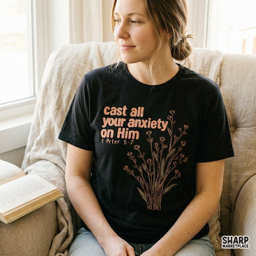 Cast All Your Anxiety On Him 1 Peter 5-7 Christian bible verse PNG with spring flowers for summer shirt designs