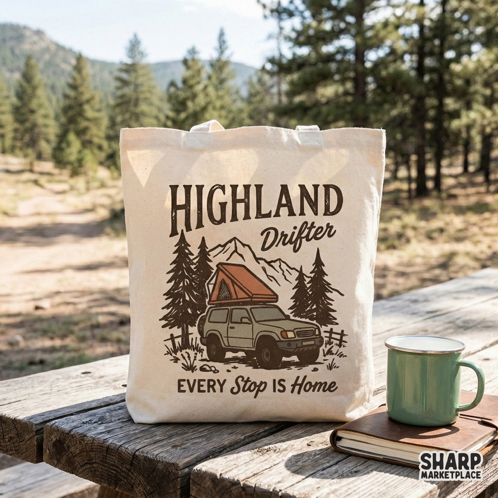 Digital illustration of a mountain SUV with a rooftop tent and pine trees, perfect for sublimation or DTF printing on apparel and outdoor gear.