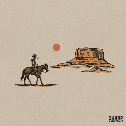 Vintage cowboy riding a horse in a wild west desert landscape, retro western png graphic for country music apparel
