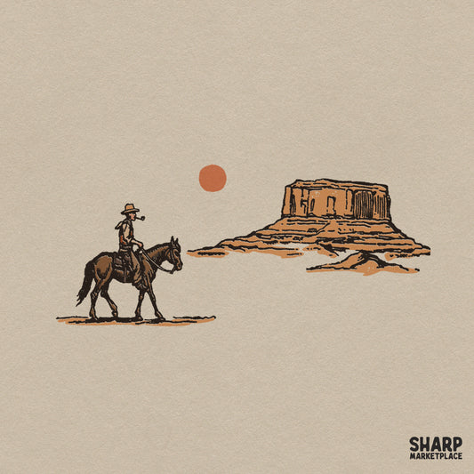 Vintage cowboy riding a horse in a wild west desert landscape, retro western png graphic for country music apparel