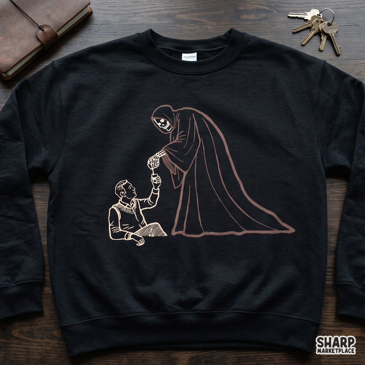 Grim reaper handing coffee to a tired man line art illustration funny png graphic for sarcastic morning mood apparel