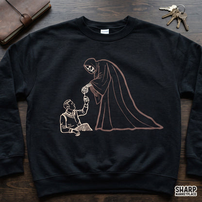 Grim reaper handing coffee to a tired man line art illustration funny png graphic for sarcastic morning mood apparel