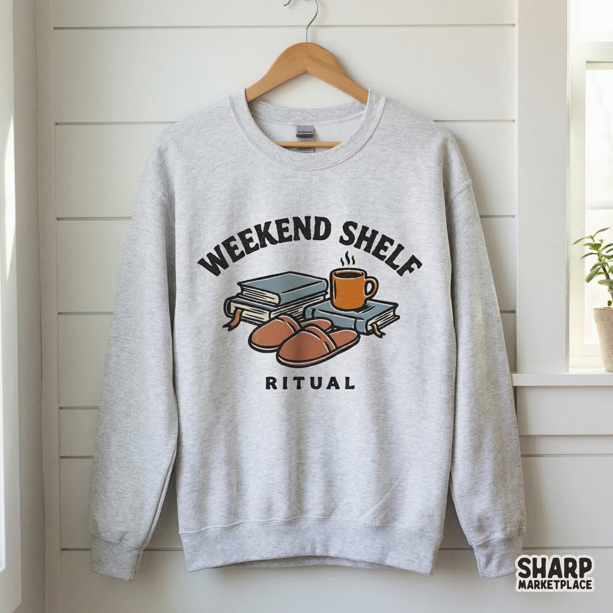 Digital sublimation graphic for book lovers, showcasing a hand-drawn stack of books, a warm coffee mug, and slippers with nostalgic typography.