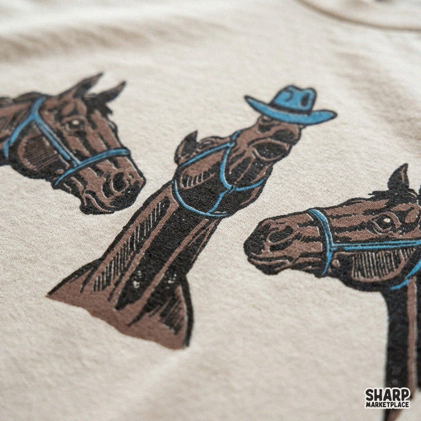 Funny western trio of horses wearing blue cowboy hats PNG shirt design for country rodeo t-shirts