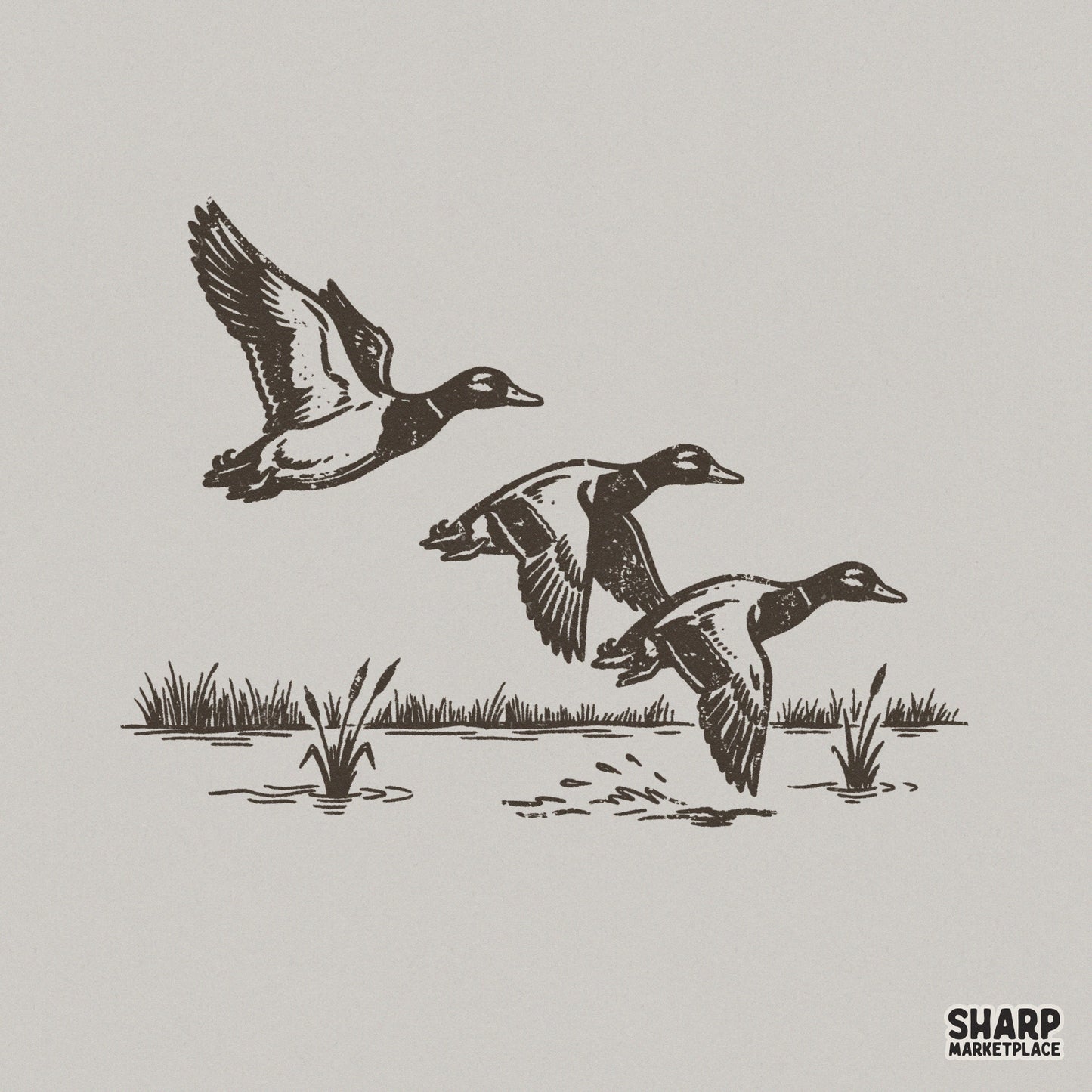 Vintage black ink illustration of three ducks taking flight over a marshy pond with cattails, isolated on a light gray background for apparel printing.
