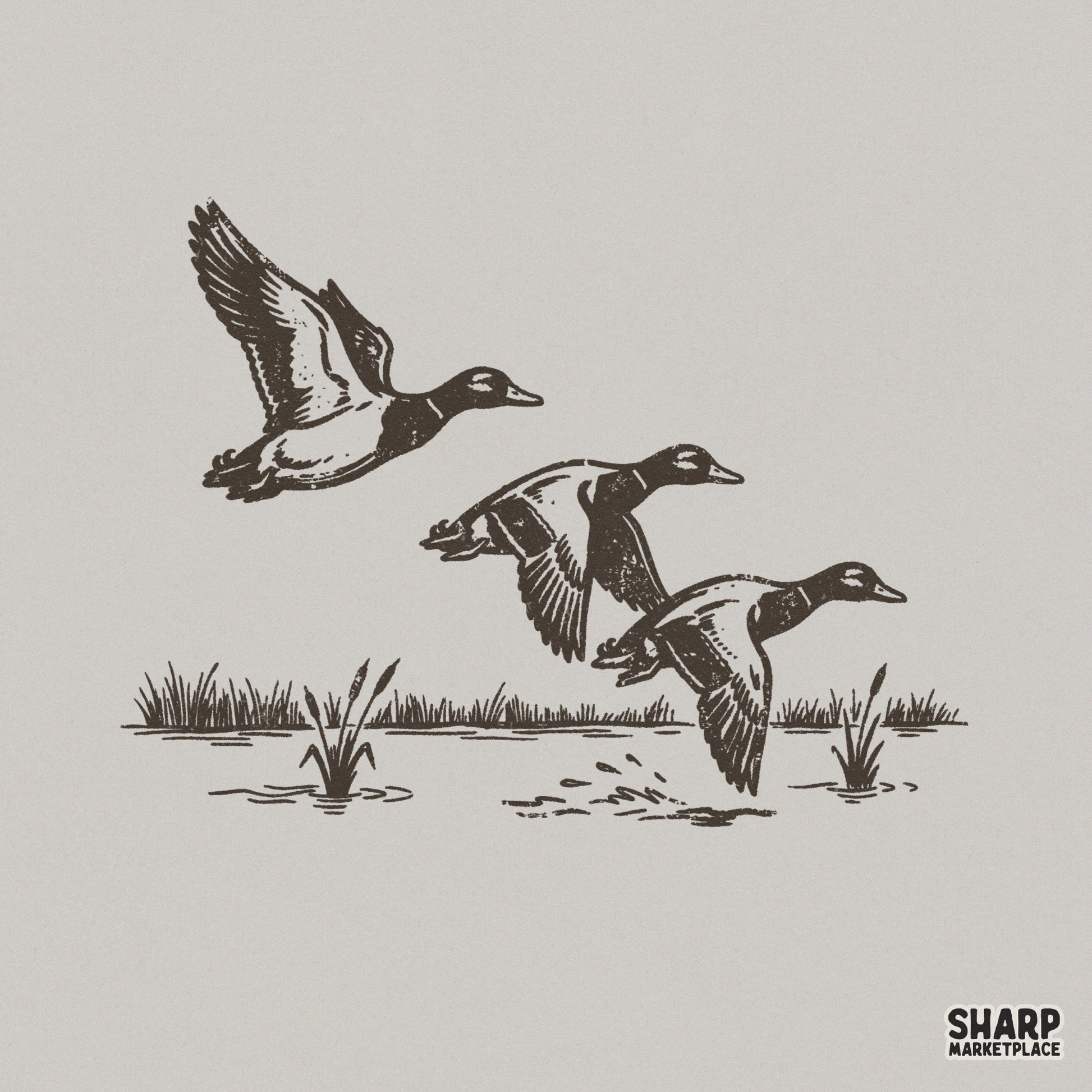 Vintage black ink illustration of three ducks taking flight over a marshy pond with cattails, isolated on a light gray background for apparel printing.
