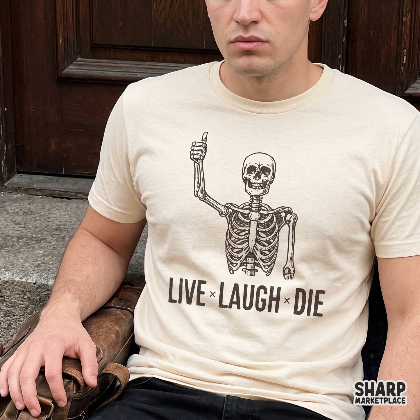 Funny skeleton graphic with Live Laugh Die text in a retro sarcastic style for Halloween shirts and dark humor lovers