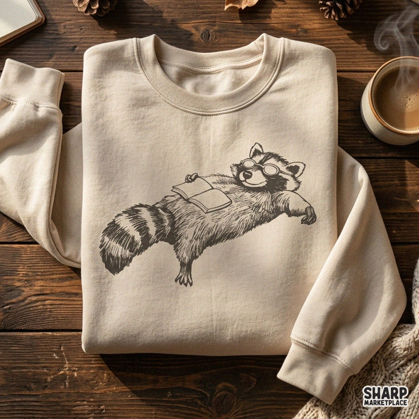 Relaxed Raccoon Reading Book with Glasses Trendy PNG