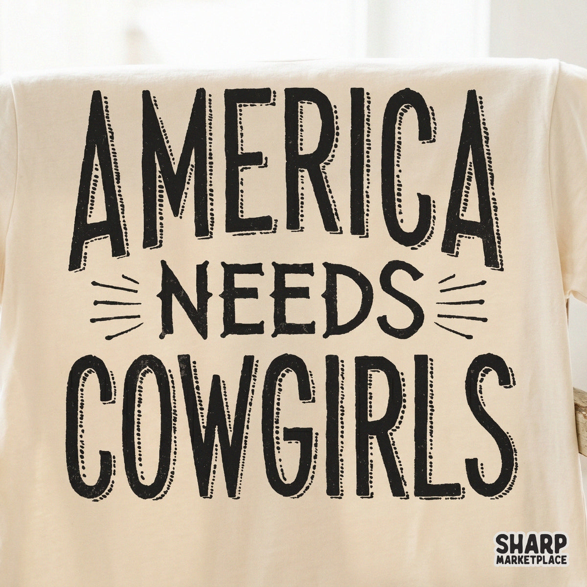 Patriotic ranch-inspired digital design featuring the text America Needs Cowgirls for use on custom tumblers, farm-themed clothing, or DIY craft projects.