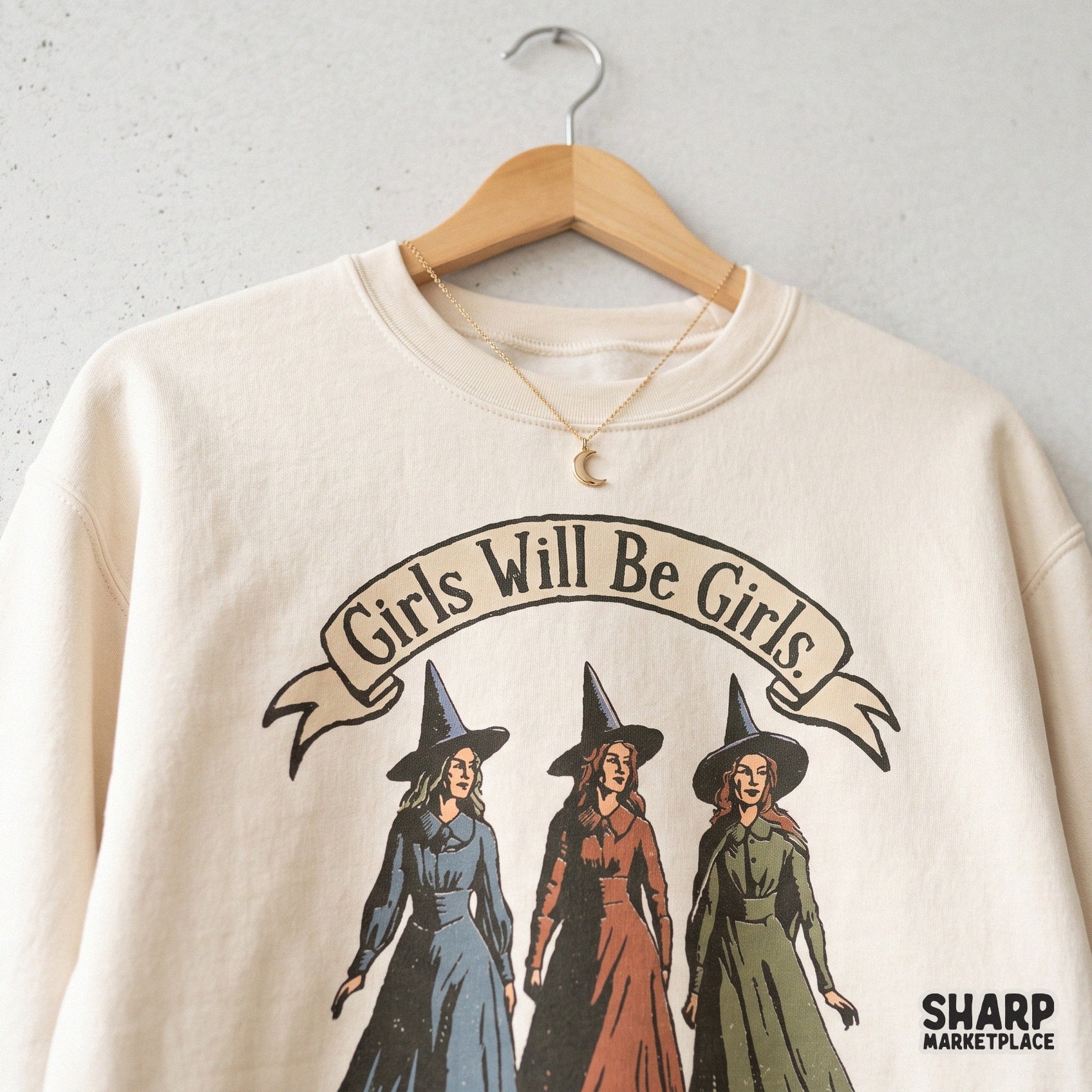 Vintage witches halloween PNG featuring a funny retro witch coven design for spooky season shirts and feminist apparel