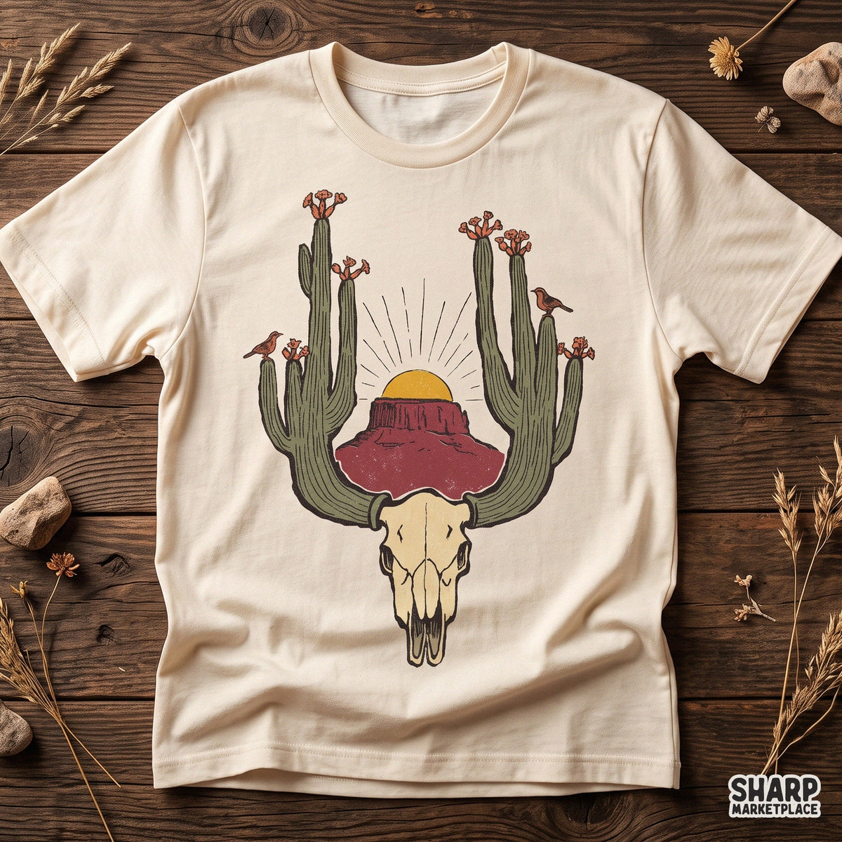 Rustic Desert Steer Horns Saguaro Art, Western PNG