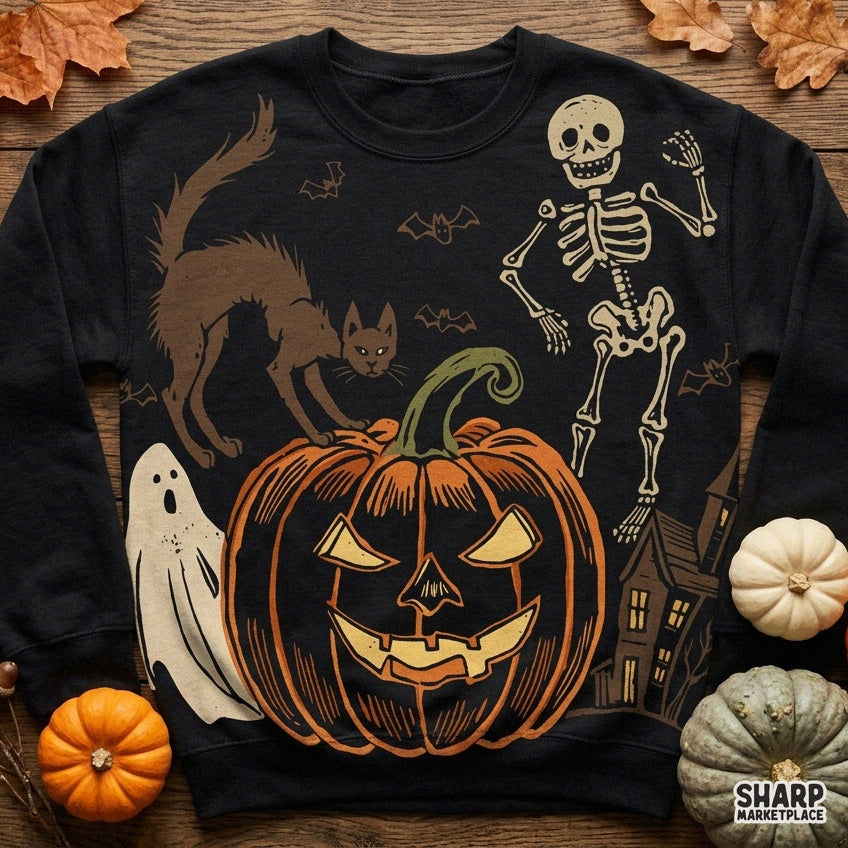 Spooky Halloween haunted house scene with a cute ghost, black cat, and skeleton PNG design for shirts