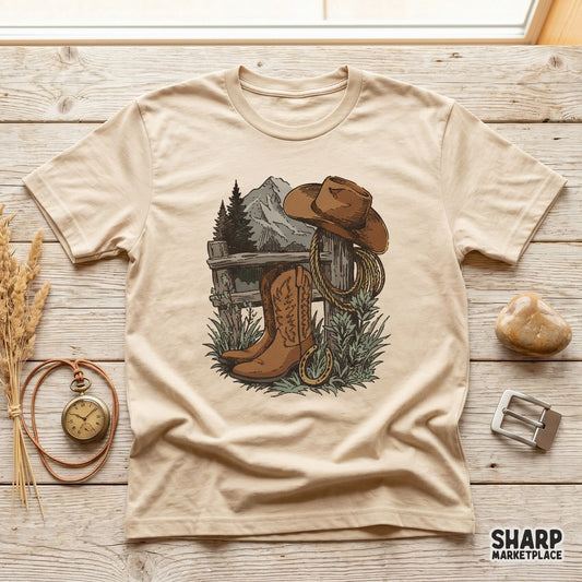 Vintage western cowboy boots and lasso on a fence mountain scene retro country music shirt design