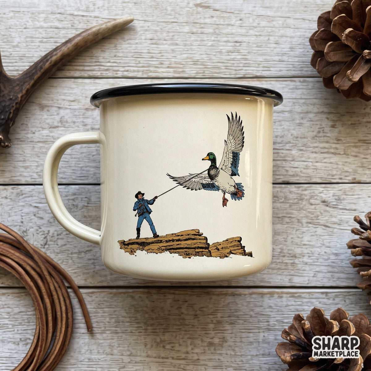 Surreal western cowboy lassoing a giant mallard duck retro design for funny animal meme shirts and sublimation printing