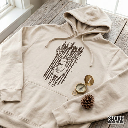 Hand-drawn woodland wildlife illustration of a deer with antlers, ideal for laser engraving, cabin decor, or custom hunting apparel designs.