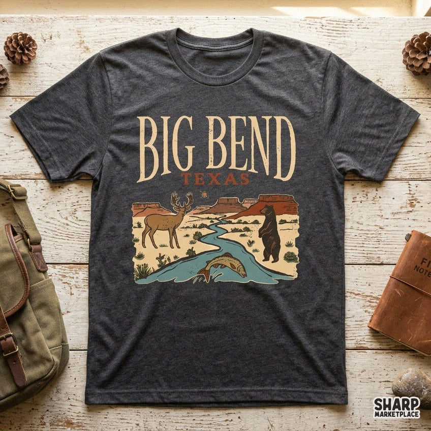 Retro Big Bend Texas desert scene featuring a bear, deer, and fish for vintage nature lover sublimation t-shirt prints