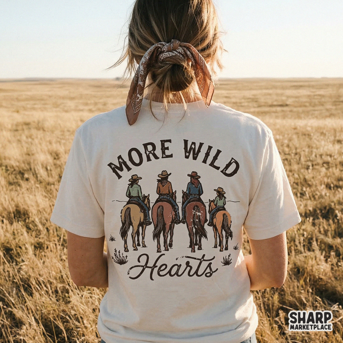 Digital sublimation design showing four riders on horses with vintage earthy tones and the quote More Wild Hearts for custom t-shirt printing.