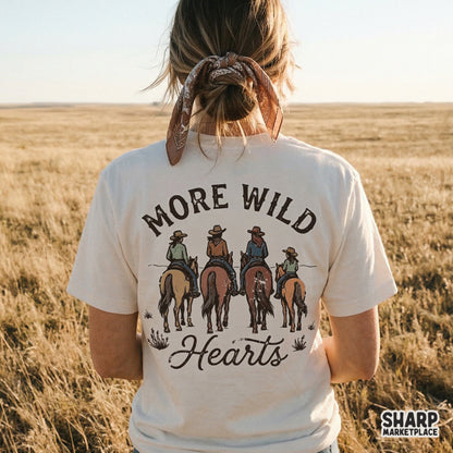 Digital sublimation design showing four riders on horses with vintage earthy tones and the quote More Wild Hearts for custom t-shirt printing.
