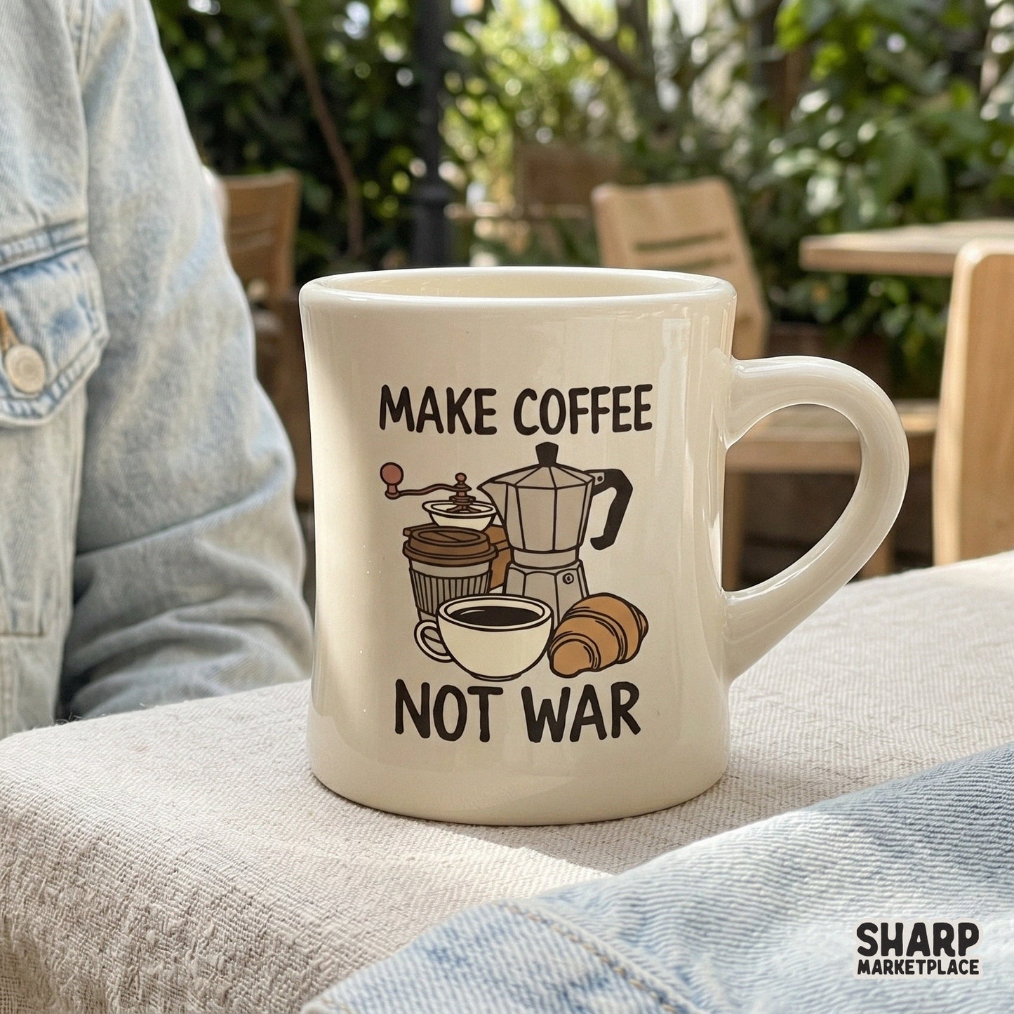 Hand-drawn coffee illustration with a moka pot and croissant, featuring distressed typography for a nostalgic, cozy aesthetic on tumblers.