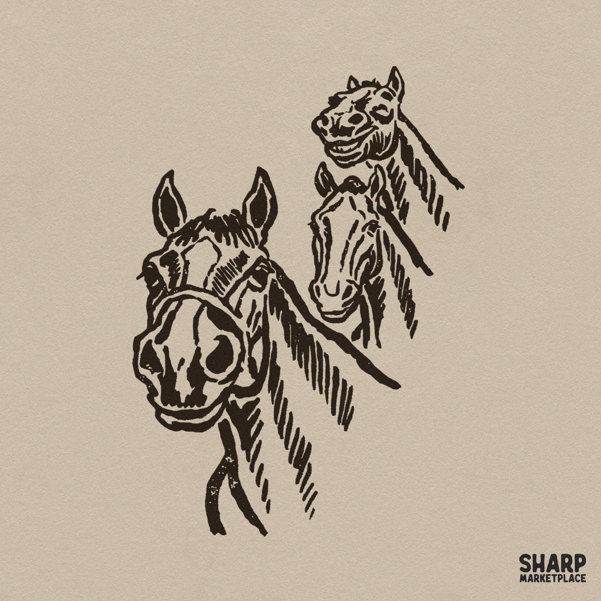 Three wild horses woodcut sketch art PNG graphic for western shirt designs and rustic country tees