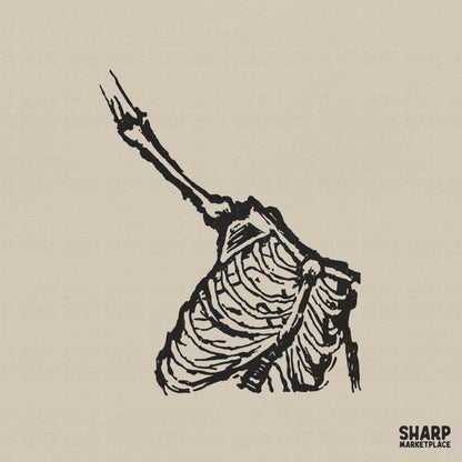 Hand-drawn ink illustration of a skeletal torso and arm reaching upward in a gritty black and beige gothic style for Halloween apparel.