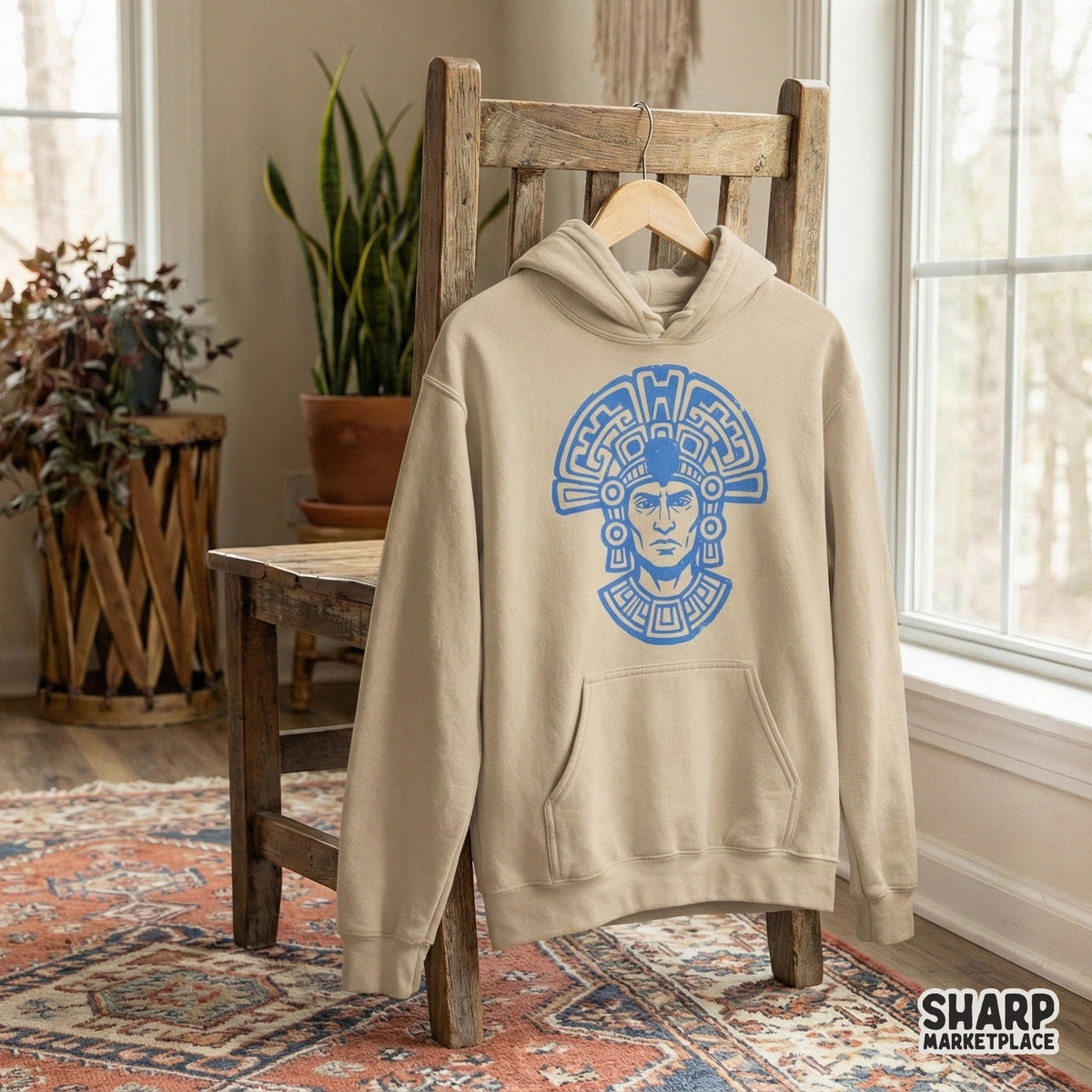 Detailed digital illustration of an ancient tribal warrior face in bold blue, perfect for sublimation, custom t-shirt printing, or unique wall art projects.