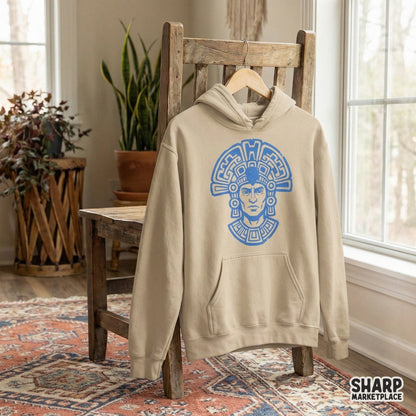 Detailed digital illustration of an ancient tribal warrior face in bold blue, perfect for sublimation, custom t-shirt printing, or unique wall art projects.