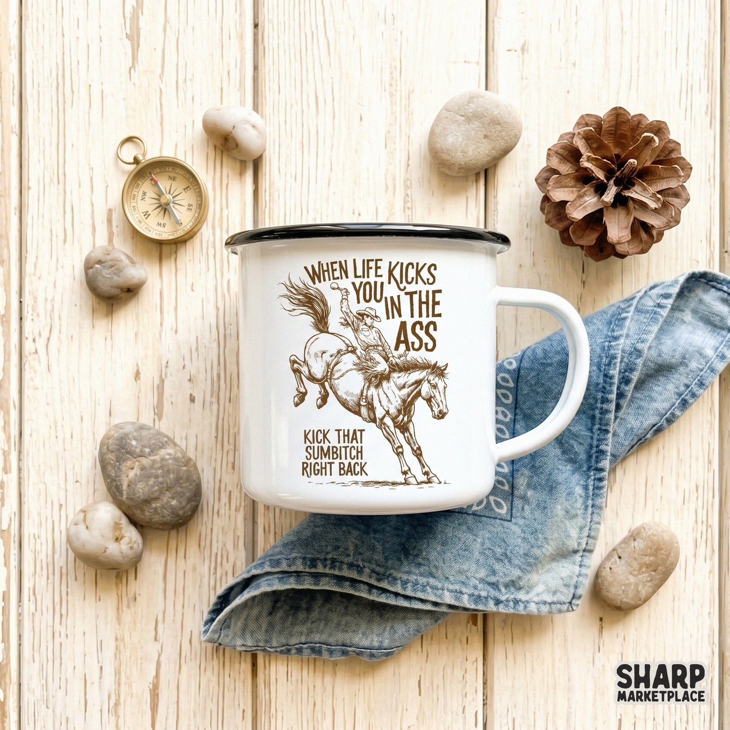 Detailed hand-drawn western artwork of a bucking bronco with sarcastic typography, ideal for creating custom stickers, tumblers, or apparel.