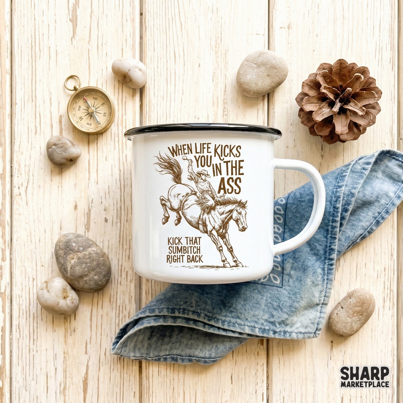Detailed hand-drawn western artwork of a bucking bronco with sarcastic typography, ideal for creating custom stickers, tumblers, or apparel.
