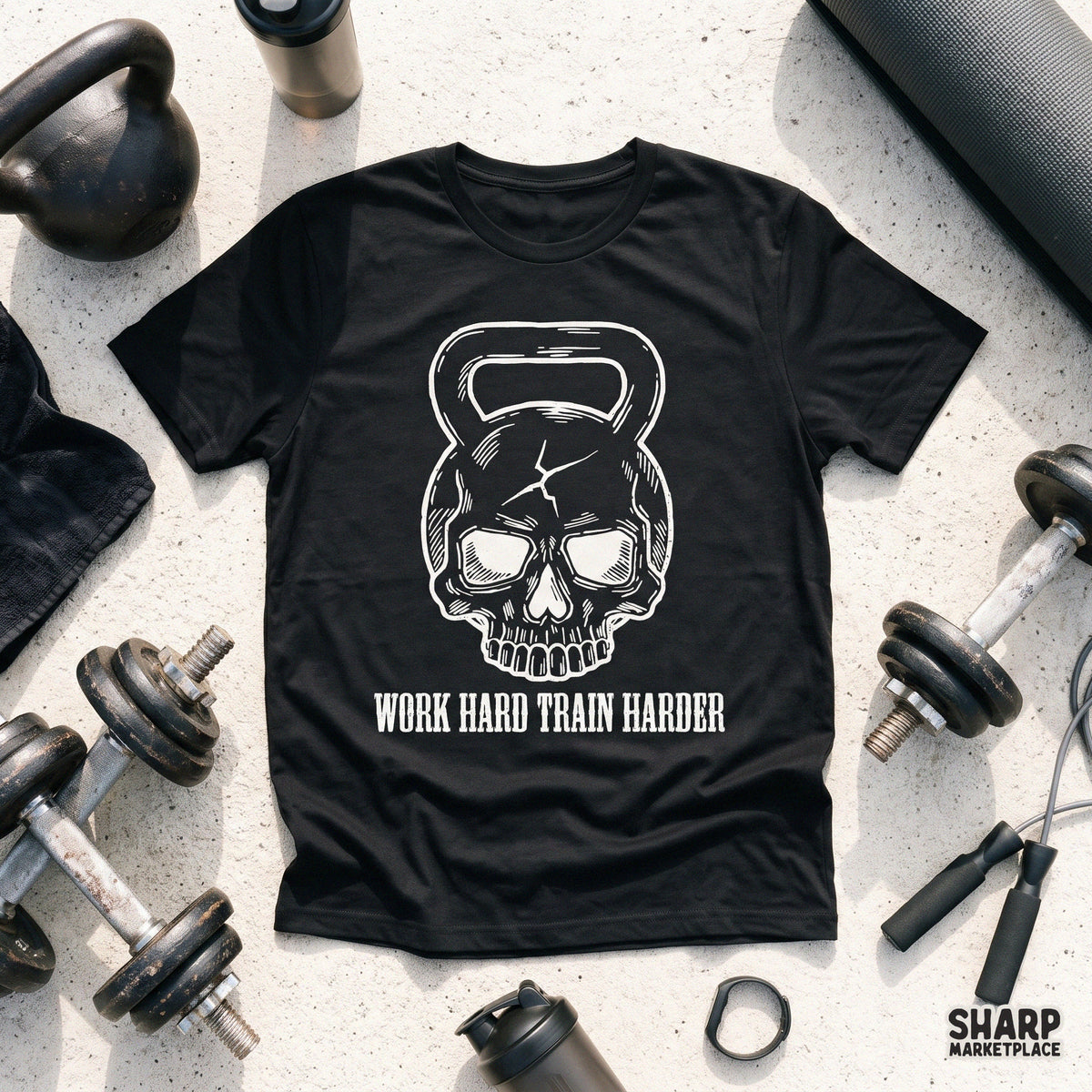 Work Hard Train Harder funny skeleton skull graphic for gym life t-shirts and fitness gear sublimation PNG
