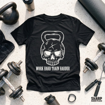 Work Hard Train Harder funny skeleton skull graphic for gym life t-shirts and fitness gear sublimation PNG