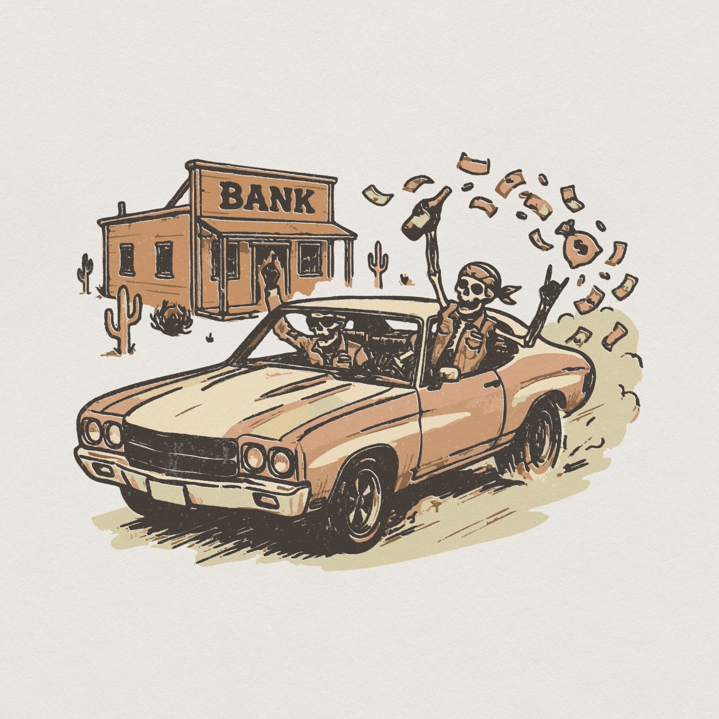 Bank Robbery PNG, Outlaw Skeletons Getaway Car Scene - 300 DPI Design for
