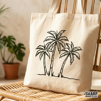 Minimalist island-style palm tree illustration with a sandy ground line, suitable for creating trendy vacation stickers, tumblers, and wall art.