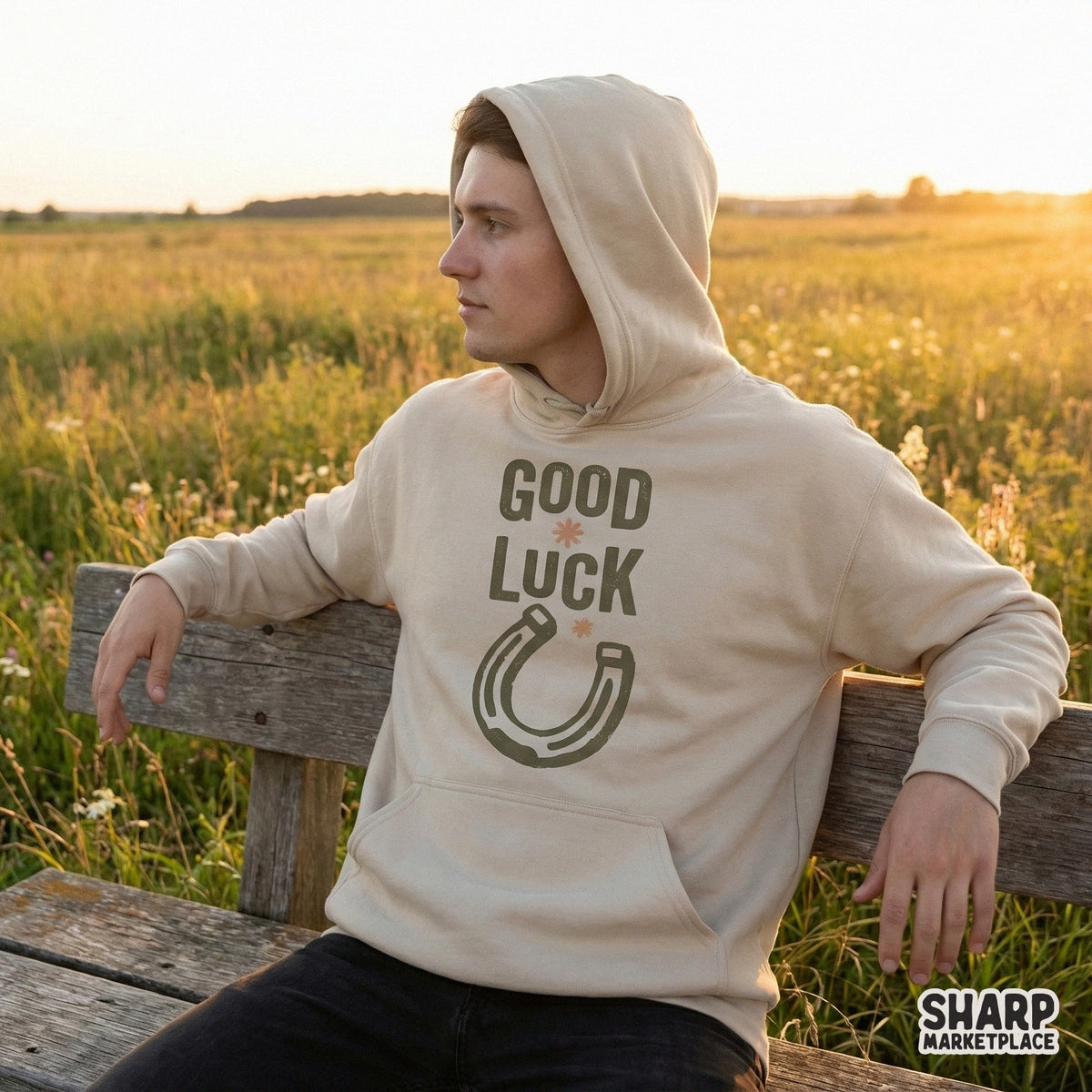 High-resolution Good Luck digital graphic with a vintage horseshoe and block lettering, suitable for creating custom stickers, tumblers, and wall art.
