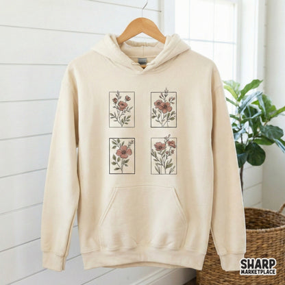 Hand-drawn botanical outline collection featuring four framed flower arrangements with a soft aesthetic for DIY crafts, tumblers, and apparel.