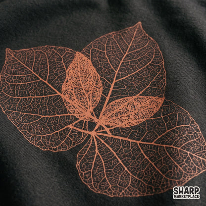 Skeleton leaves botanical illustration on a dark background for retro autumn forest foliage t-shirt designs