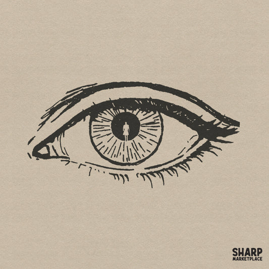 Surreal hand drawn eye silhouette graphic for retro horror shirts and weirdcore sublimation templates