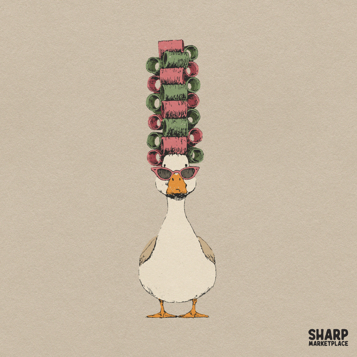 Sassy goose wearing pink sunglasses and hair curlers funny retro spa day PNG design for sublimation