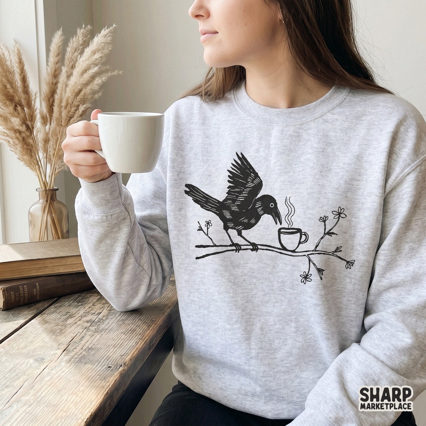 Versatile black and white bird design on a branch with a coffee mug, ideal for custom t-shirt printing, tumblers, and nature-inspired DIY projects.