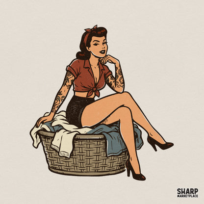 Retro pin up girl illustration with sleeve tattoos sitting on a laundry basket, featuring a red shirt and black shorts in a vintage art style.