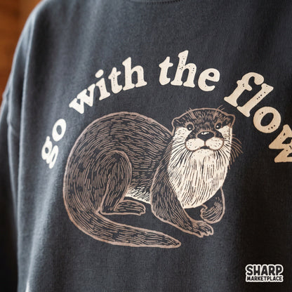 Cute sea otter go with the flow graphic design for summer t-shirts, retro animal memes PNG for animal lovers