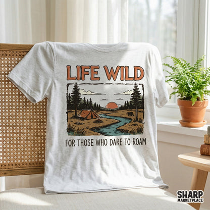 Camping themed digital download graphic with earth tones, featuring a serene river scene, pine forest, and sunset, ideal for custom shirts and tumblers.