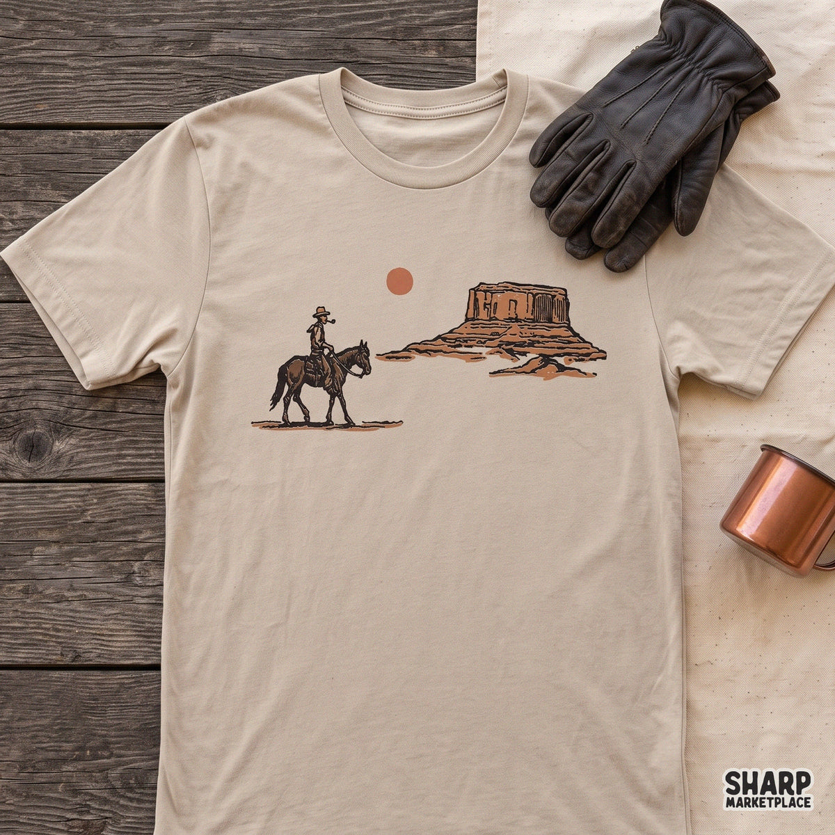 Vintage cowboy riding a horse in a wild west desert landscape retro western png graphic for shirts and crafts