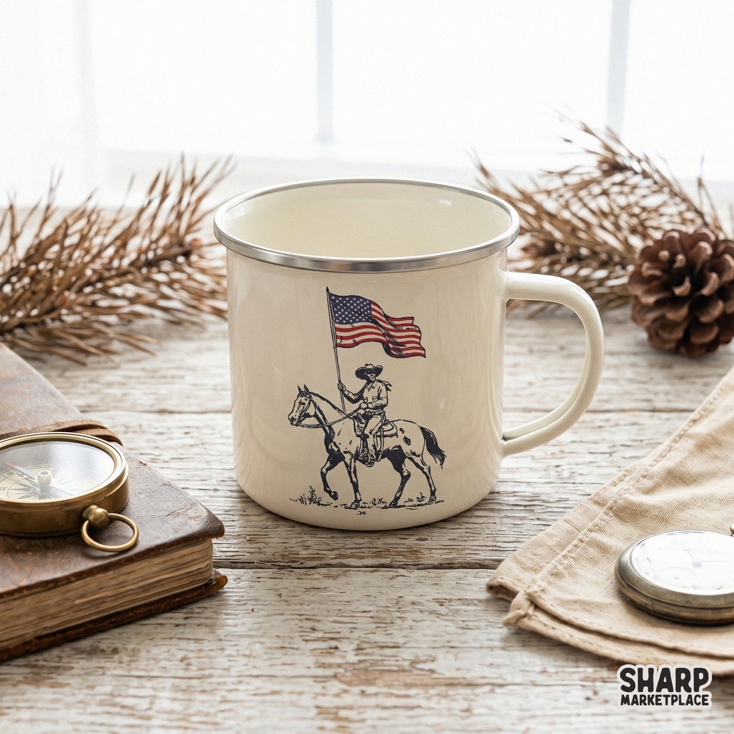 Retro patriotic western png featuring a vintage cowboy on a horse holding an American flag for t-shirt sublimation