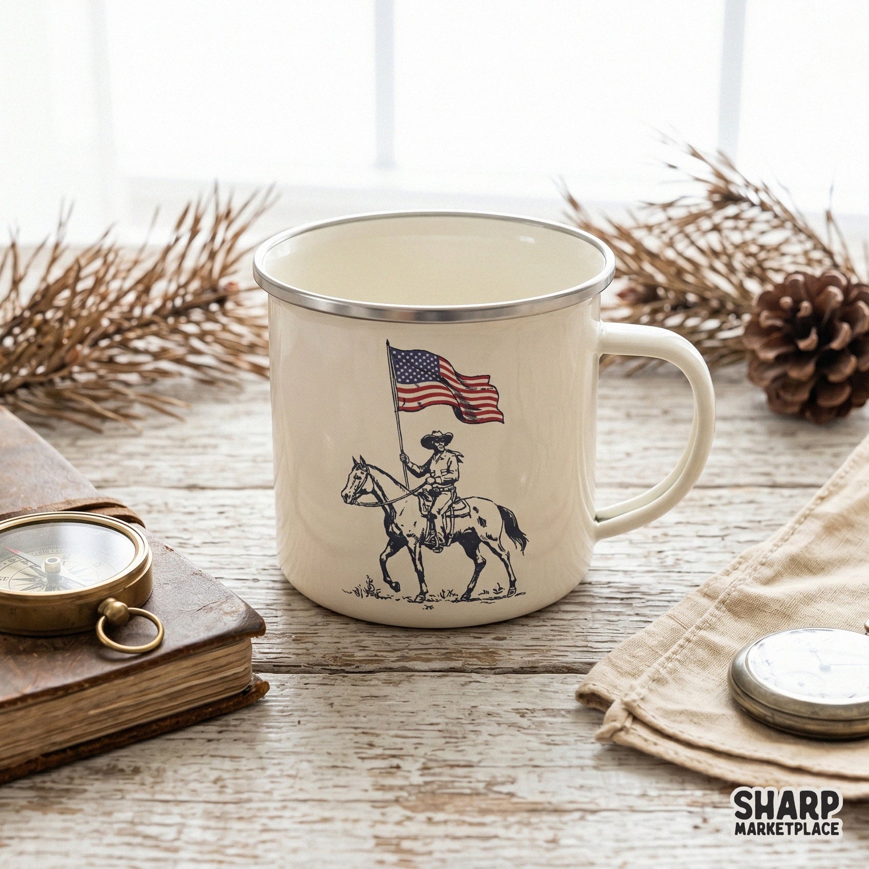 Retro patriotic western png featuring a vintage cowboy on a horse holding an American flag for t-shirt sublimation